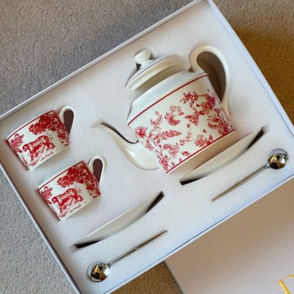  Dior Coffee Set Coffee Saucer Cup Pot  Spoon 7 pcs set Burgundy Toile de Jouy Tiger #3461 - Image 8