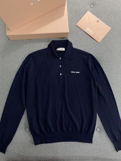 Replica Miu Miu Wool knit polo shirt Navy Blue For Women #3602