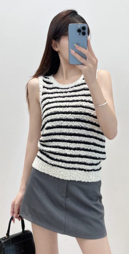  Dior Marinière Twinset White and Black Blended Wool and Cotton Bouclé Knit #3868 - Image 6