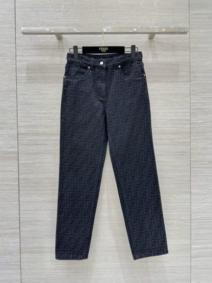 Replica FENDI Long Jeans Black FF denim pants For Women #3867